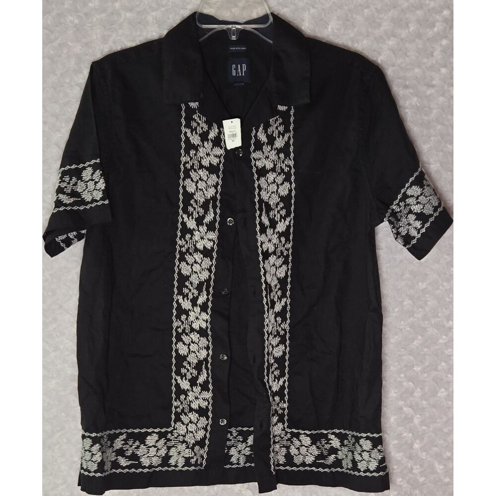 GAP Mens Black Linen Woven Short Sleeve Floral Embroidered Button-Up XS